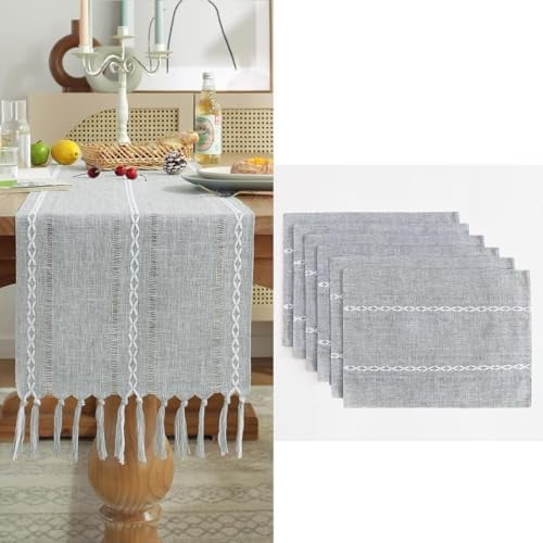 Homes Value Pack - Hemstitch Grey Table Runner and Placemat Set; Cotton Linen Farmhouse Table Runner 13 x 108 in and 6 Placemat (12 x 18Inch); 7 pcs in Total$$Home Decor, Kitchen, & Other