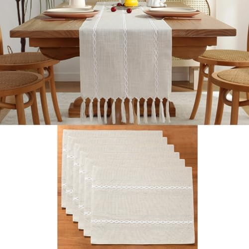 Homes Value Pack - Rustic Ivory Table Runner and Placemat Set; Cotton Linen Farmhouse Table Runner 13 x 90 in and 6 Placemat (12 x 18Inch); 7 pcs in Total$$Home Decor, Kitchen, & Other