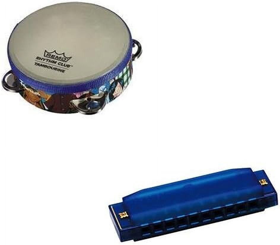 Homeschooling Music Supplies - Remo Rhythm Club Kids Tambourine Deluxe w/Hohner Kids BPA FREE Translucent Blue Harmonica