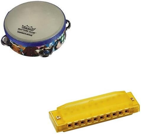 Homeschooling Music Supplies - Remo Rhythm Club Kids Tambourine Deluxe w/Hohner Kids BPA FREE Translucent Yellow Harmonica