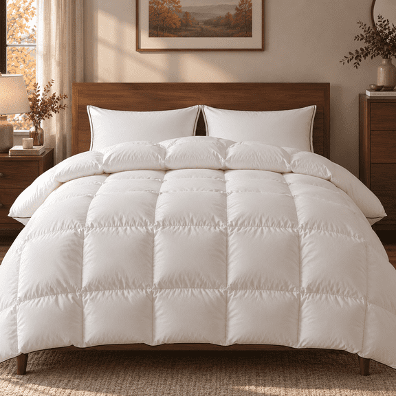 Goose Feather Down Fiber Comforter Queen Size– Soft Cotton Shell, Extra Fluffy & Breathable, All-Season Hotel Luxury Duvet Insert with 8 Loops (90"x90")
