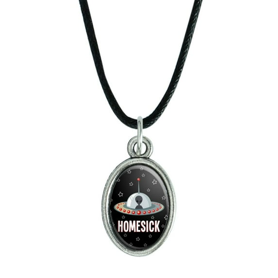 Homesick UFO Alien Funny Antiqued Oval Charm Pendant with Black Satin Cord
