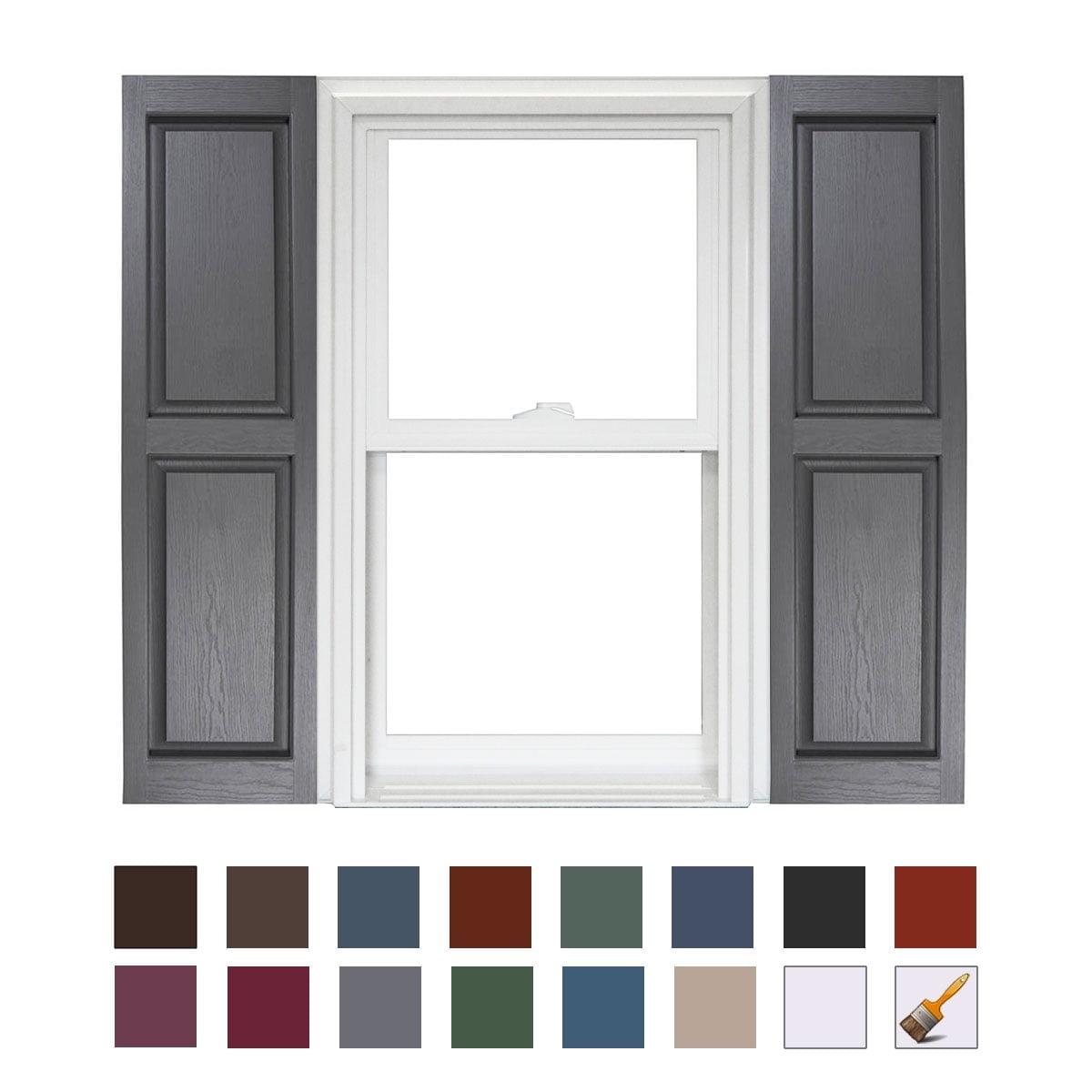 Gray Raised Panel Vinyl Shutters with Deep Inset Panels