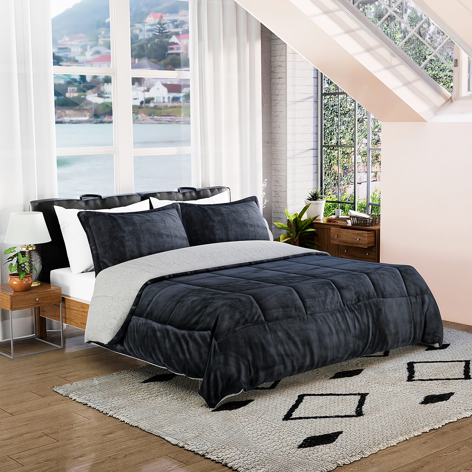 SHOP LC DELIVERING JOY Homesmart Gray 3 Layer Quilted Microfiber Flannel Sherpa Reversible Comforter Set of 2 Shams Breathable Durable Ultra Soft Warm Cozy Winter Bedding Set Birthday Gifts