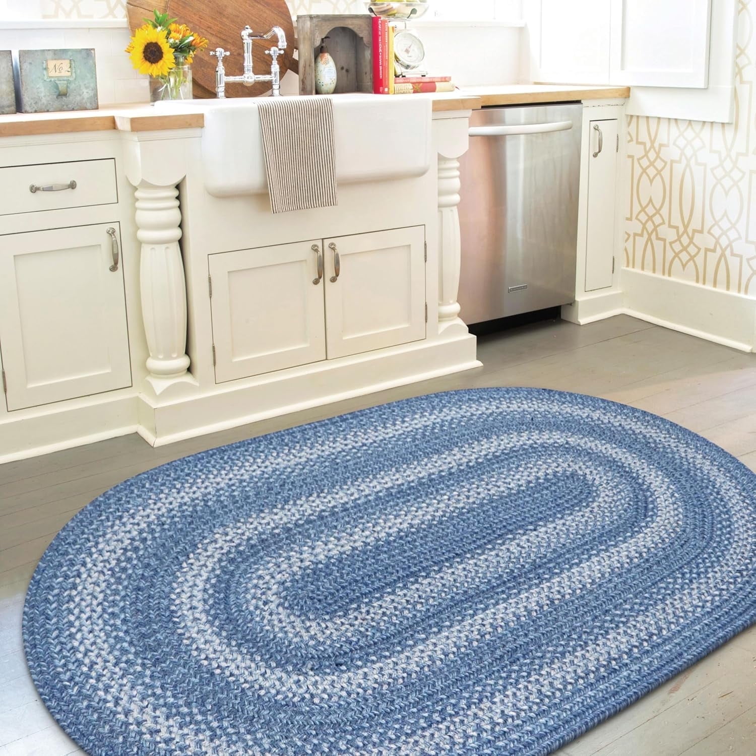 Handmade Denim and White Jute 6' x 9' Oval Braided Rug