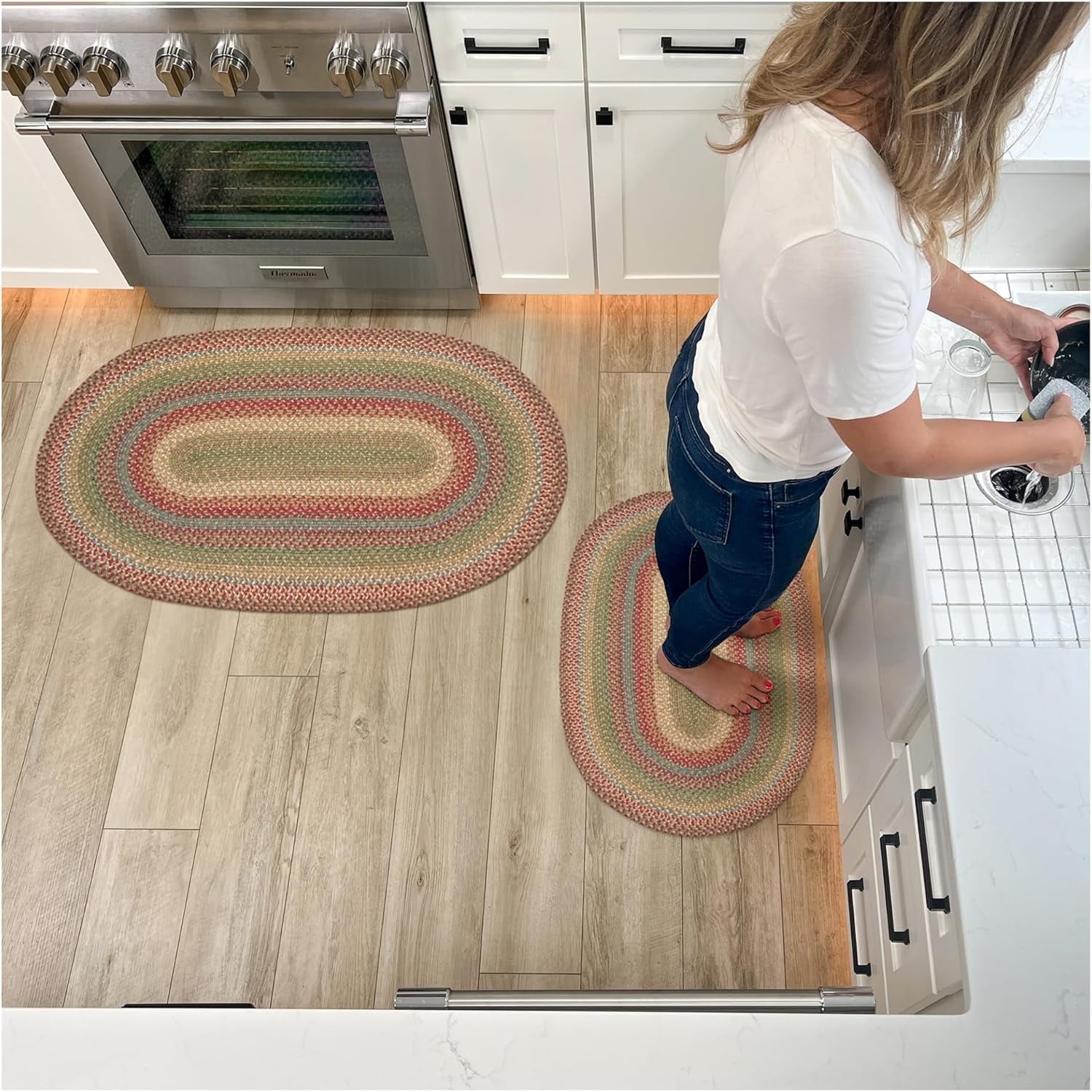 Azalea Blue and Beige Oval Braided Wool Rug