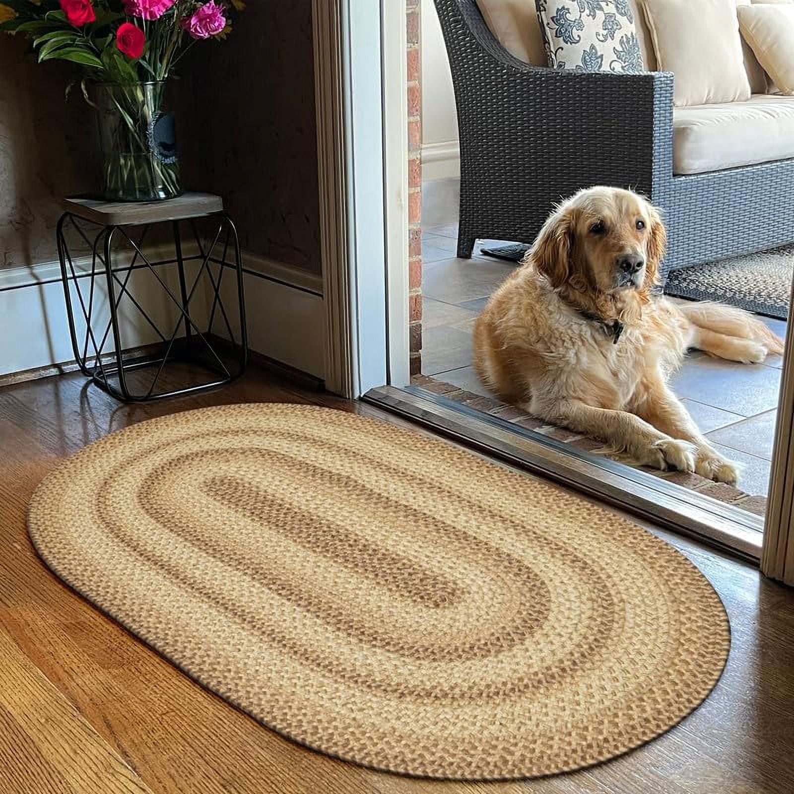 27" x 45" Oval Beige and Brown Braided Jute Rug