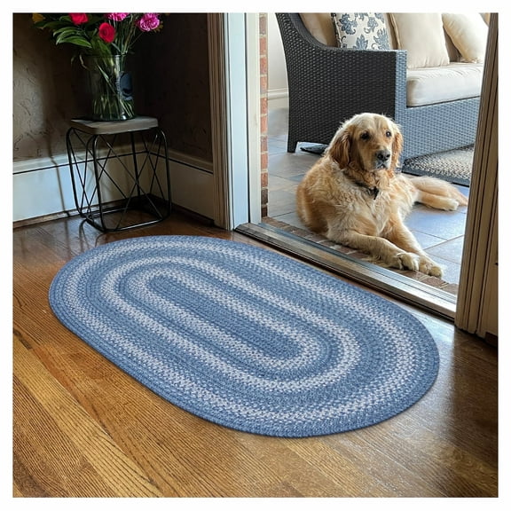 Homespice 2x3' Blue Oval Braided Rug. Denim Blue and White Jute Rug. Uses- Entryway Rugs, Kitchen Rugs, Bathroom Rugs. Reversible, Rustic, Country, Primitive, Farmhouse