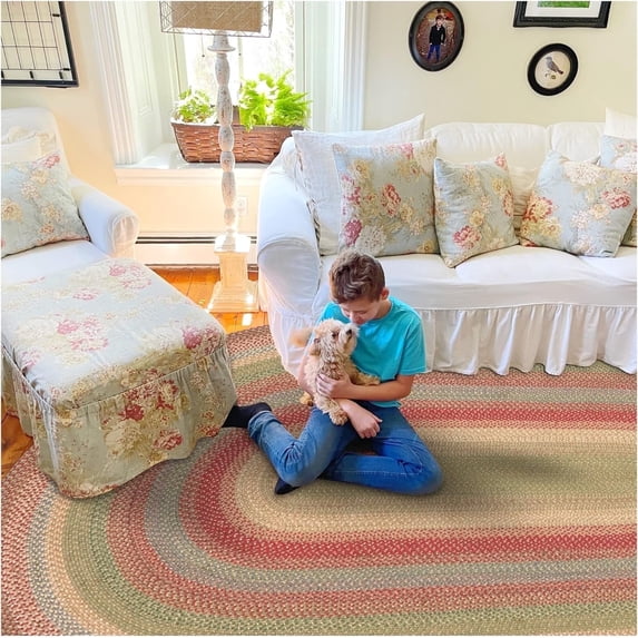 Homespice Azalea Jute Braided Area Rug, 6' x 9' Oval Red - Tan - Beige - Blue - Green, Reversible, Natural Jute Yarn Rustic, Country, Primitive, Farmhouse Style