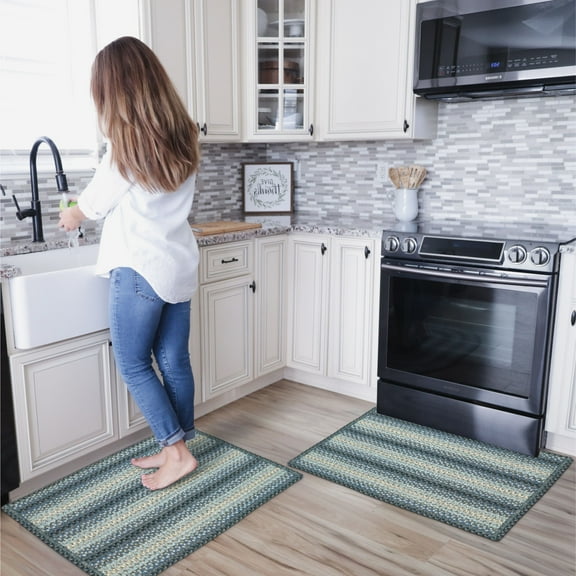 Homespice Blue Oasis Blue and Black 17.3x29" Non Skid Rugs with Rug Pad for Kitchen, Entryway and Bathroom Mat - Indoor, Outdoor, Country, Primitive