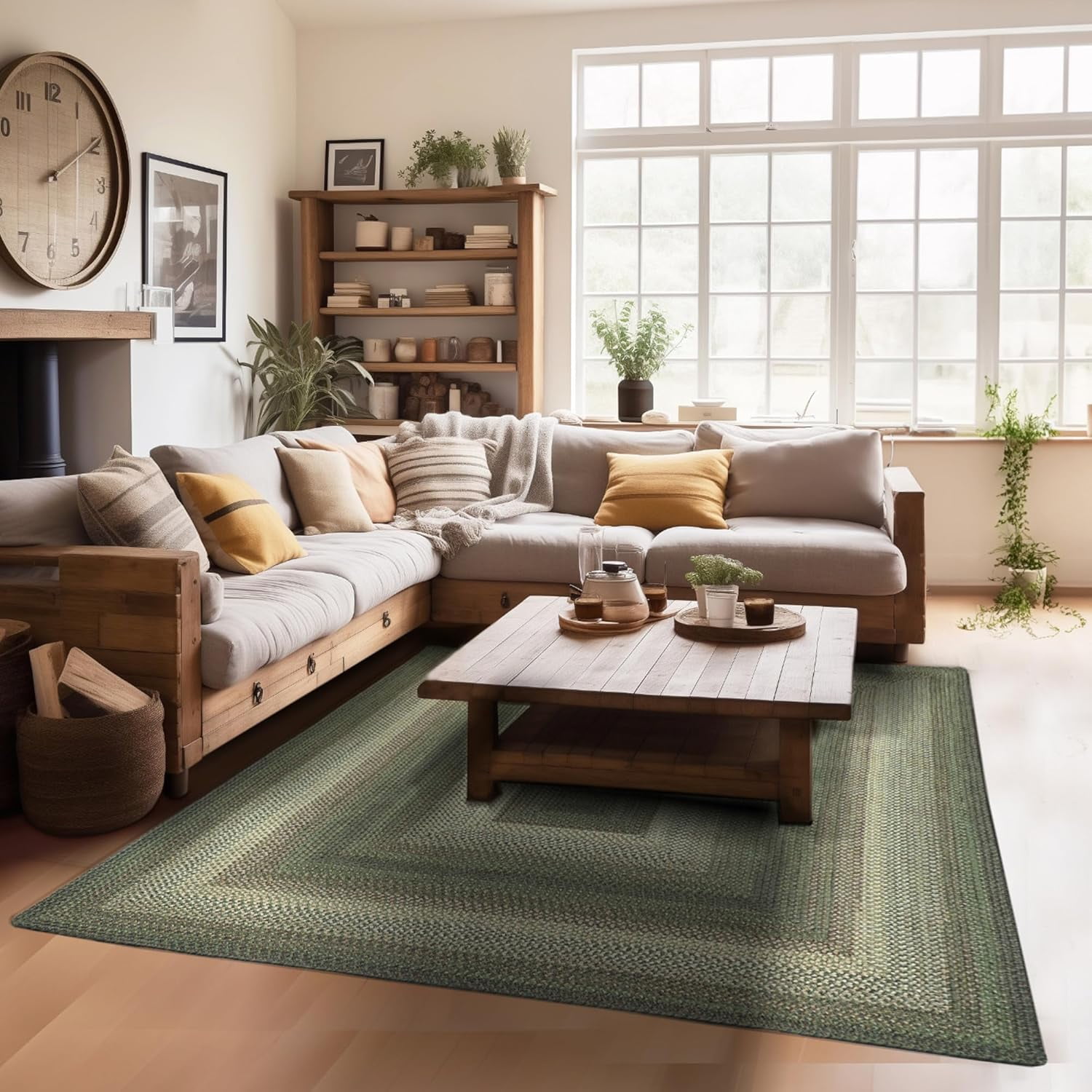 Cedar Ridge Green and Beige Braided Wool Oval Rug, 6' x 9'