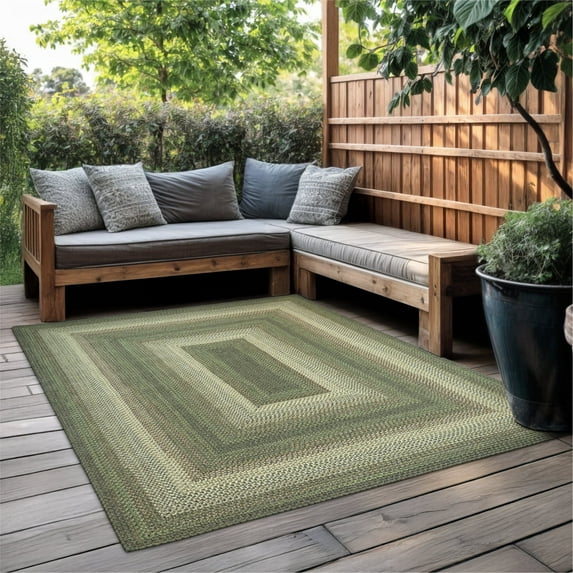 Homespice Cedar Ridge Braided Area Rug Green Offset by Brown, Ideal as an Outdoor Deck Rug and 4x6 Bathroom Rug for Country Decor - Stain Resistant - Outdoor Rug Waterproof, 4x6 Feet