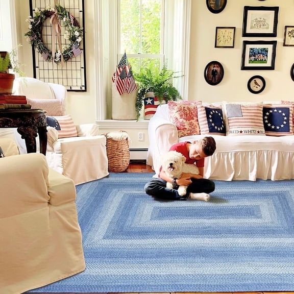 Homespice Denim Jute Blue 8x10' Braided Area Rug for Living Room, Bedroom Rug and Dining Room. Pet Friendly. Decor Styles- Farmhouse Rug, Rustic, Vintage, Cottage, Primitive, Country, Boho Rug