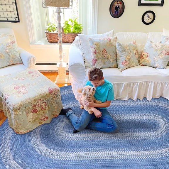 Homespice Denim Jute Blue Braided Rugs 5x8' Oval for Living Room, Bedroom Rug and Dining Room. Pet Friendly. Decor Styles- Farmhouse Rug, Rustic, Vintage, Cottage, Primitive, Country, Boho Rug