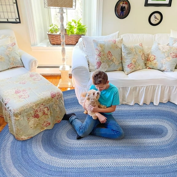 Homespice Denim Jute Blue Braided Rugs 5x8' Oval for Living Room, Bedroom Rug and Dining Room. Pet Friendly. Decor Styles- Farmhouse Rug, Rustic, Vintage, Cottage, Primitive, Country, Boho Rug