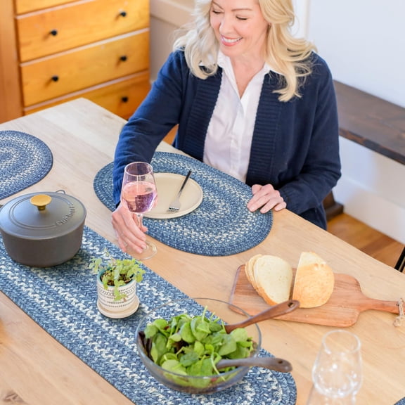 Homespice - Denim Oval Table Runner Blue, a Finely Braided Long Table Runner to Use as a Dinner Table Runner - Handmade, Reversible and Durable - A Table Runner Woven with Premium Jute, 11x36 Inches