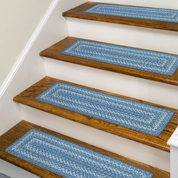 Homespice Denim Premium Jute Braided Stair Tread 8" x 28" (Set of 13) Rectangular Blue Reversible, Natural Jute Yarn Rustic, Country, Primitive, Farmhouse Style