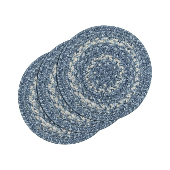 Homespice Denim Premium Jute Braided Trivet 8" ( Set of 3 ) Round Blue, Navy, White Reversible, Natural Jute Yarn Rustic, Country, Primitive, Farmhouse Style