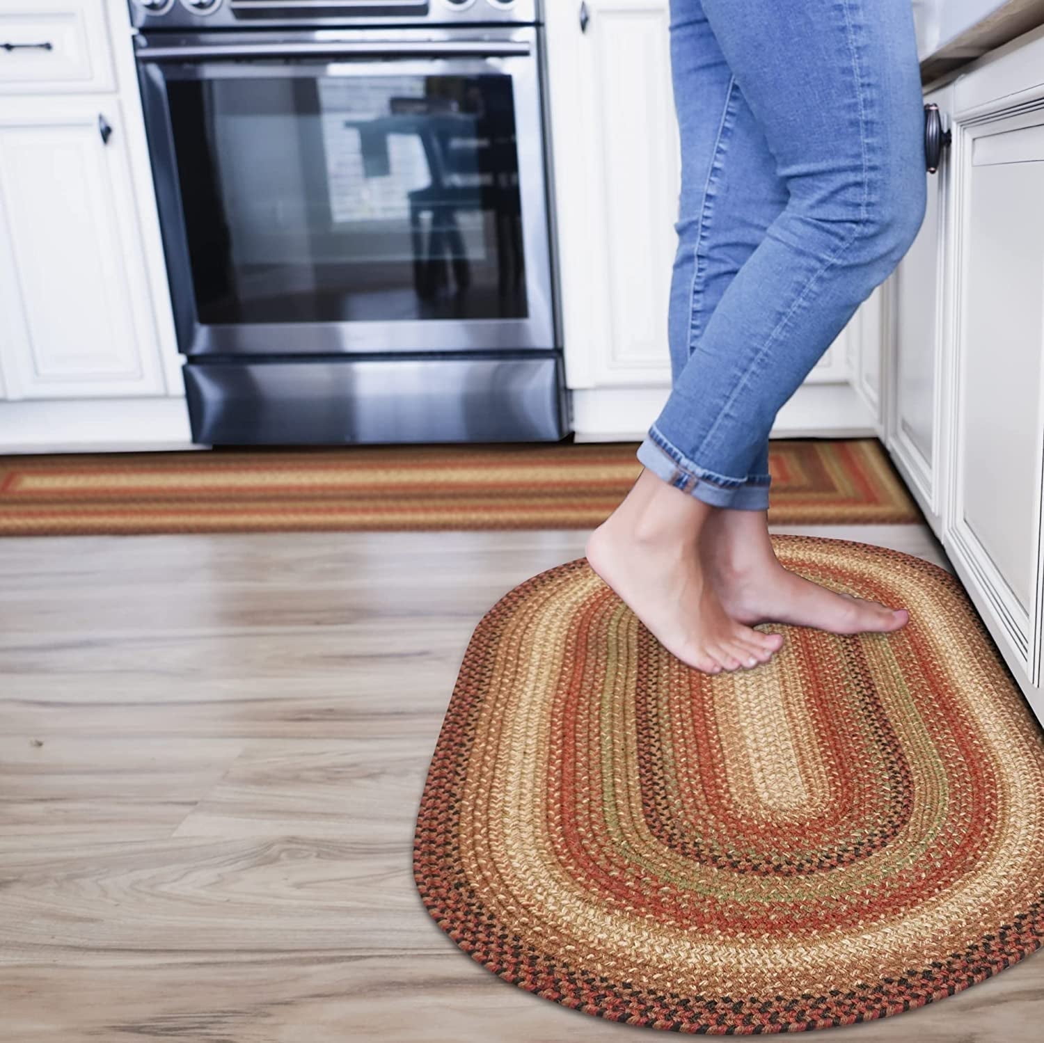 Handmade Oval Braided Jute Rug in Warm Red and Brown