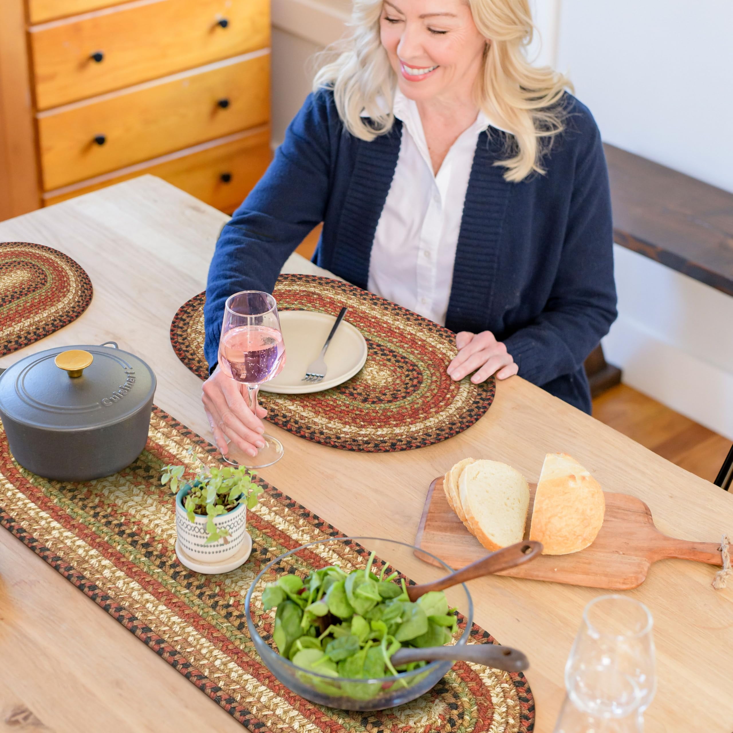 Homespice - Gingerbread Long Country Table Runner, a Perfect Jute Braided Runner to Use as a Dinner Table Runner - Blend of Red, Brown, Green, and Cream - Handmade Textured Table Runner, 11x36 Inches