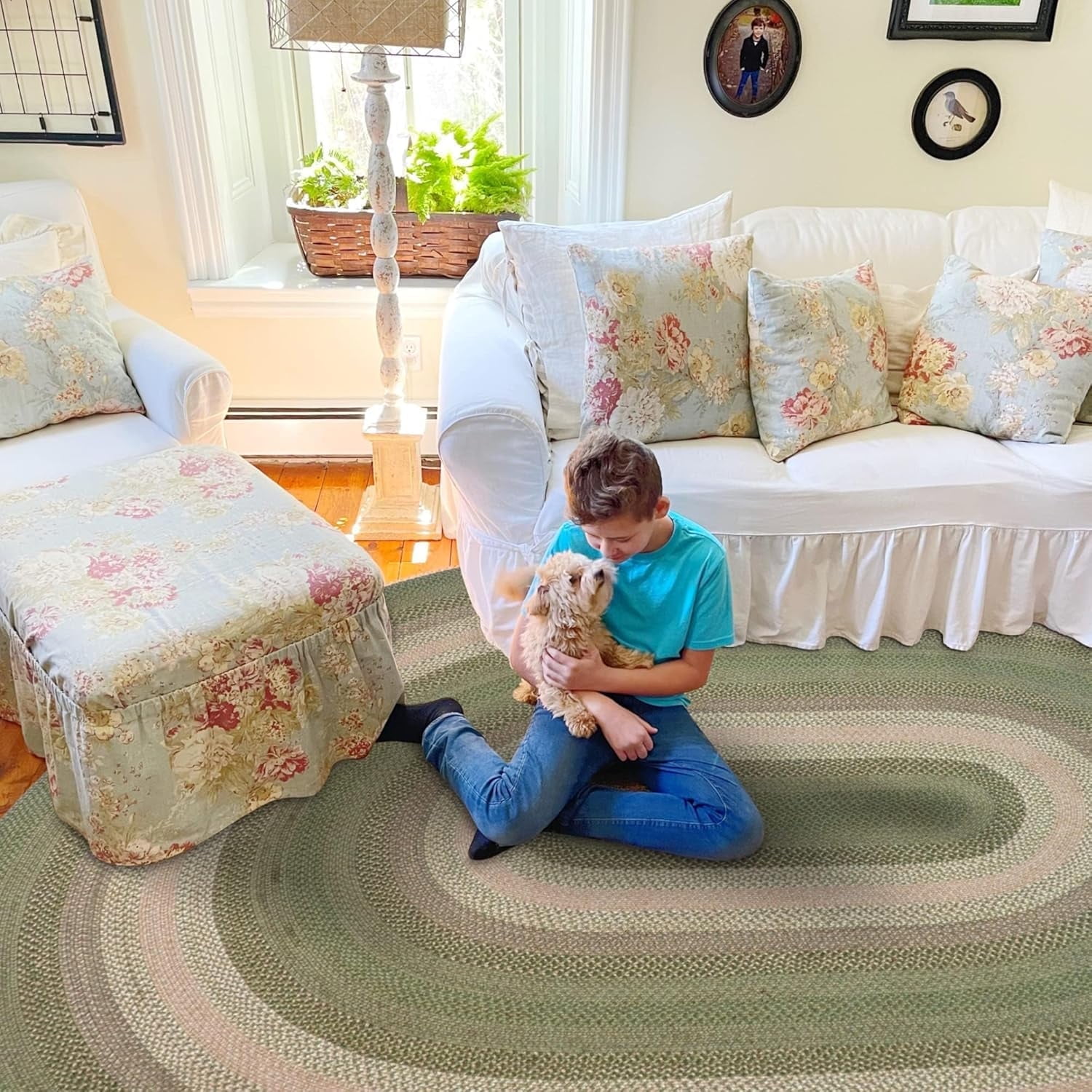 Grassland Green and Beige Oval Braided Wool Rug 6' x 9'