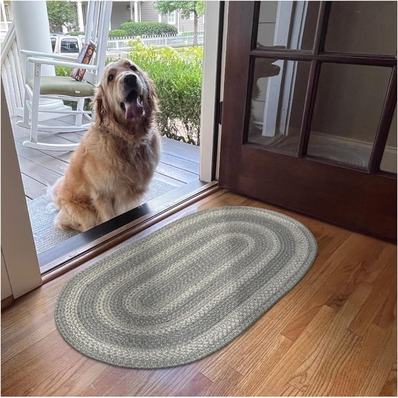 Homespice Grey Cloud Jute Braided Rug 20x30in Oval Grey Natural Jute Rug. Uses- Indoor Entryway Rug, Kitchen Rug, Bedroom Doorway Reversible, Rustic, Country, Primitive, Farmhouse Decor