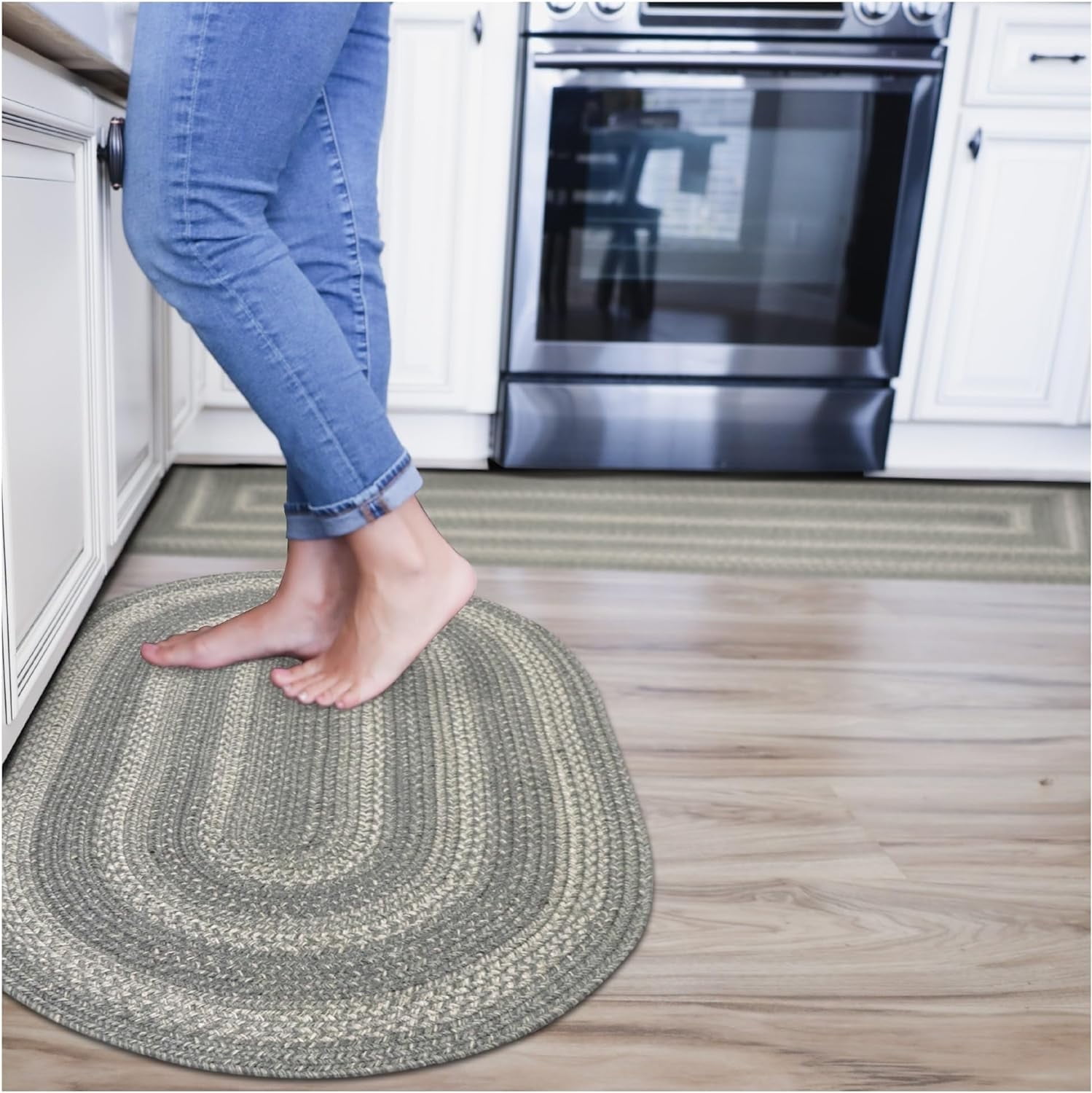 Gray and Off-White Oval Braided Wool Rug 27" x 45"