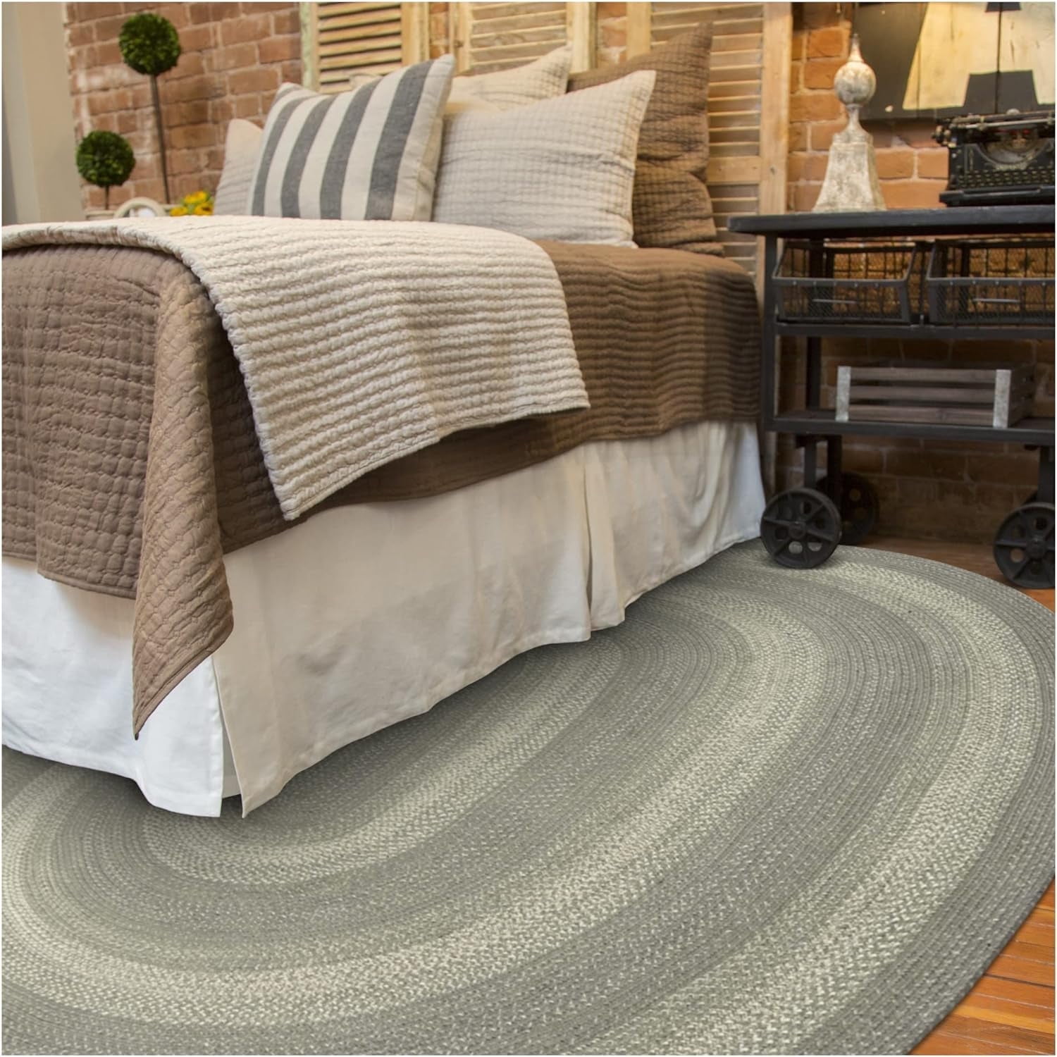 Gray and Off-White Braided Oval Wool Area Rug 8' x 10'