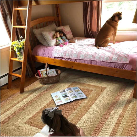 Homespice Harvest Jute Braided Area Rug, 5' x 8' Rectangular Beige - Tan - Red, Reversible, Natural Jute Yarn Rustic, Country, Primitive, Farmhouse Style