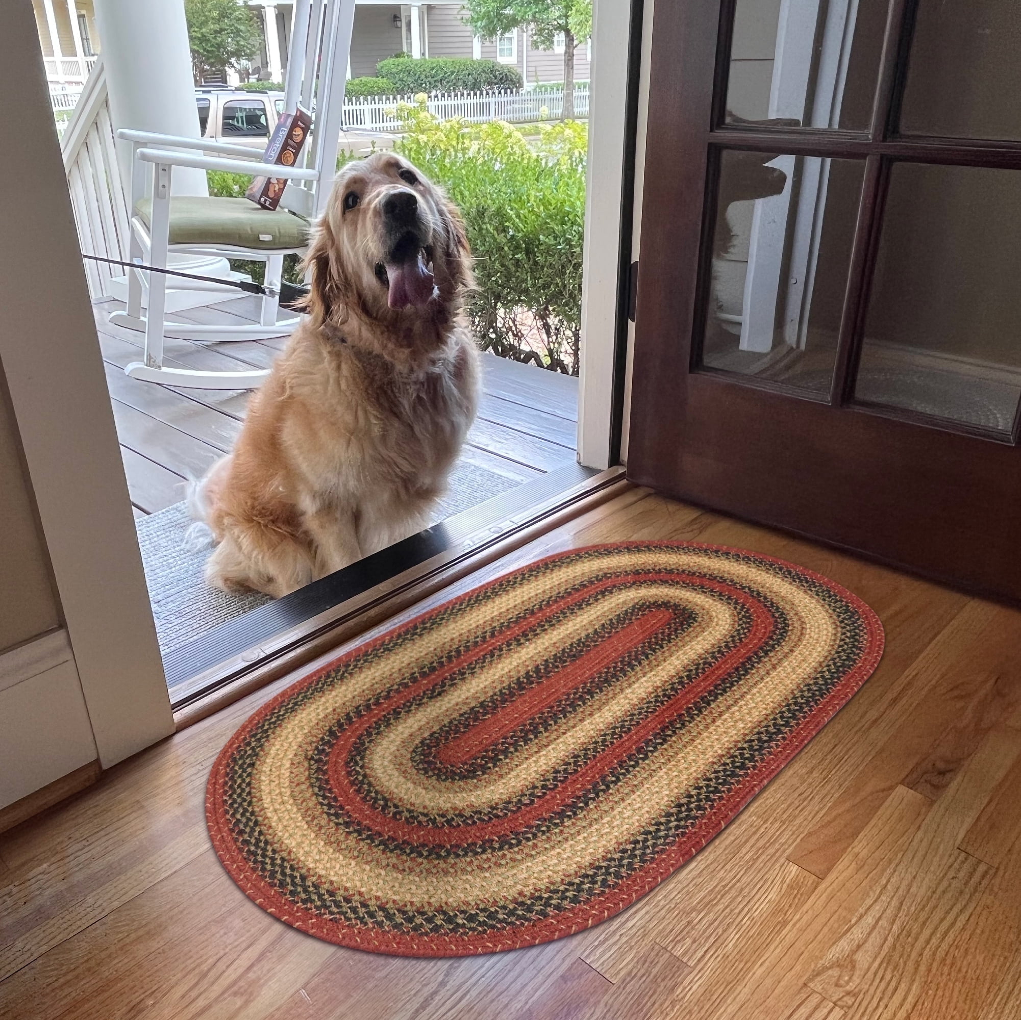 Highland Oval Braided Jute Rug in Red and Sage Green