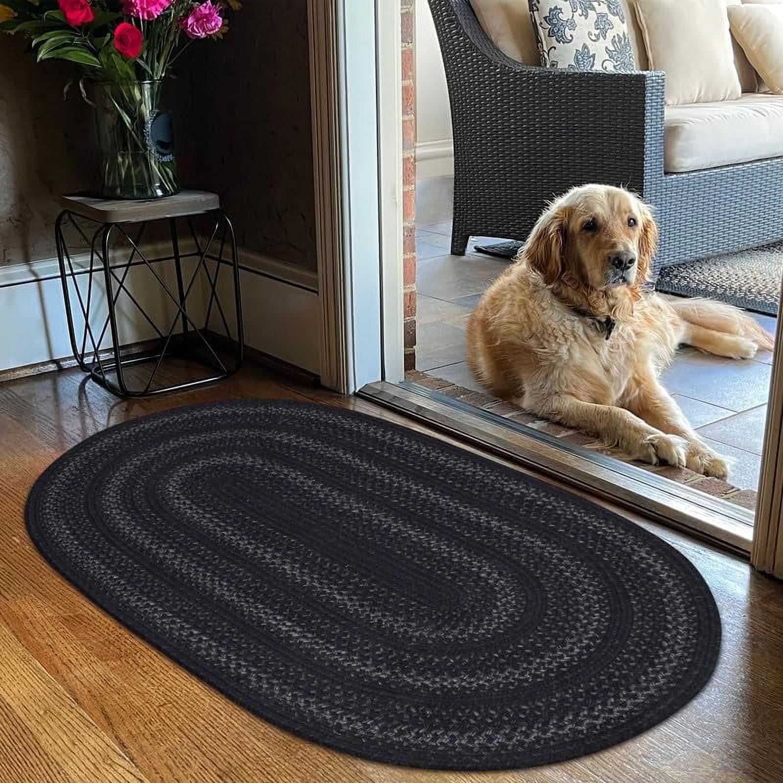Homespice Jet Black Entryway Rug 20x30, Perfect Rustic Oval Rug for a