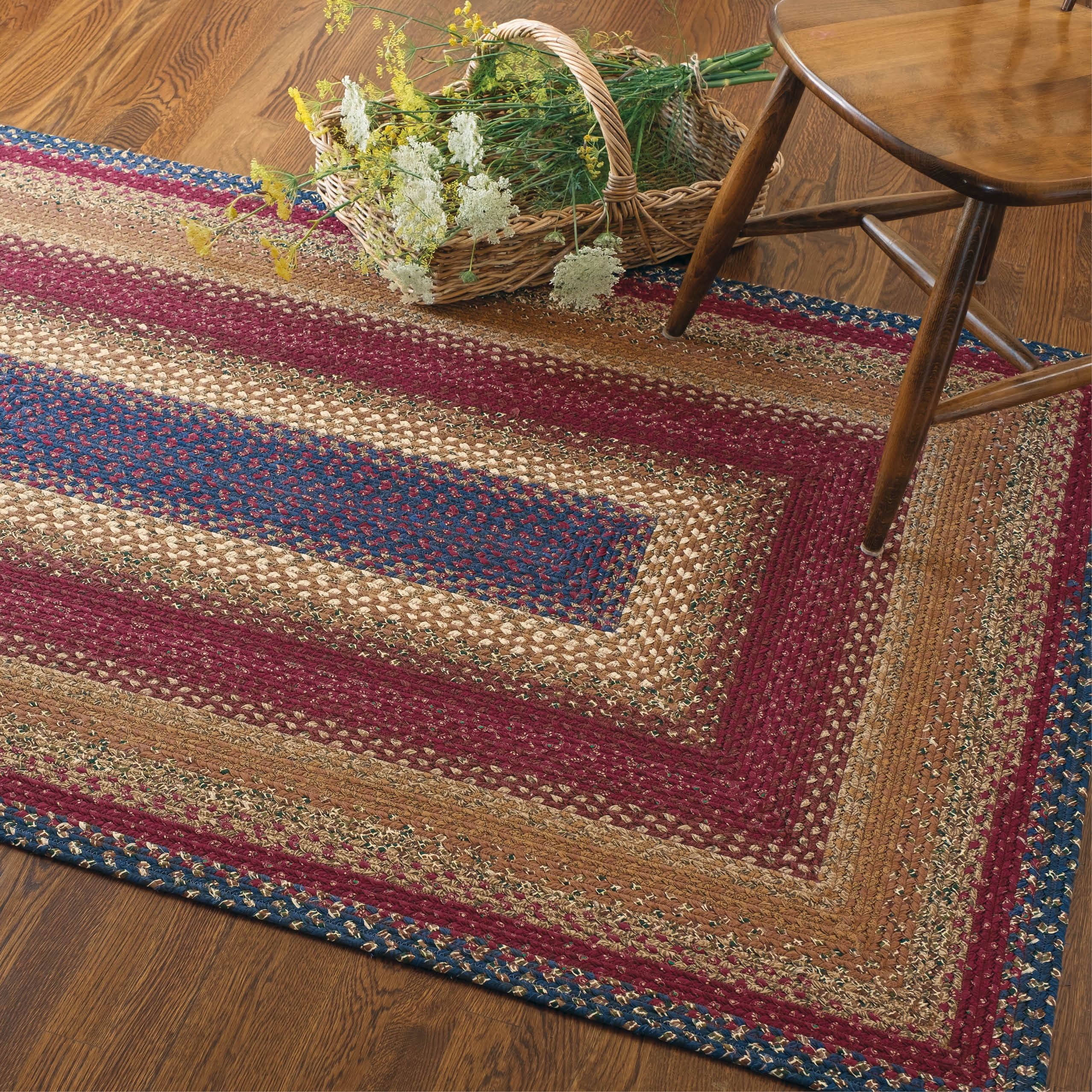 Rustic Blue and Burgundy Braided Cotton Area Rug, 5' x 8'
