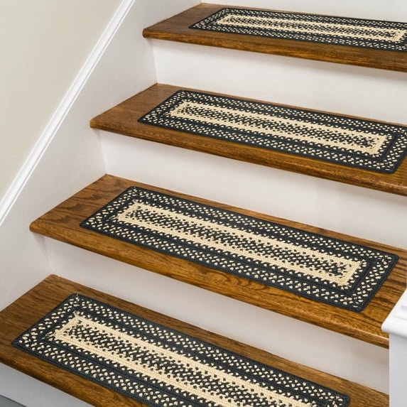 Homespice Manchester Premium Jute Braided Stair Tread 8" x 28" (Set of 13) Rectangular Black Reversible, Natural Jute Yarn Rustic, Country, Primitive, Farmhouse Style