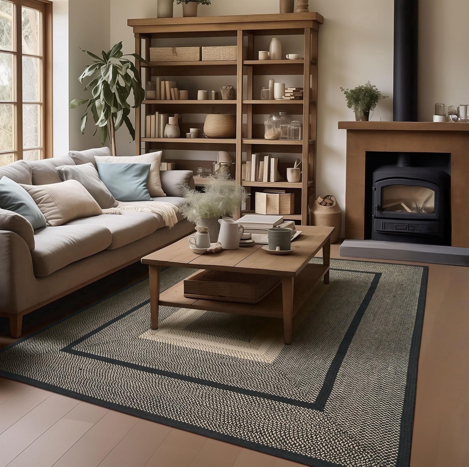 Homespice Manchester Primitive Rugs for Living Room 8x10' Black and Tan ...