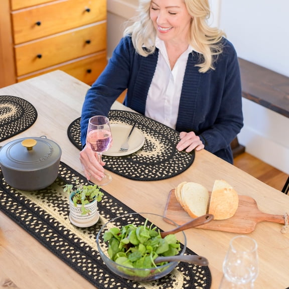 Homespice - Manchester Tan and Black Runners for Tables for Primitive Style Decor, a Finely Braided Table Runner of Jute to Use as a Dinner Table Runner - Long and Thick Table Runner 11x36 Inches