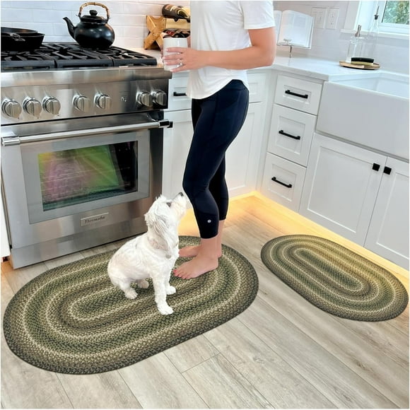 Homespice Pinecone Green Braided Rug 20x30 Oval Green Rustic Entry Mat Rug and Country Kitchen Mat