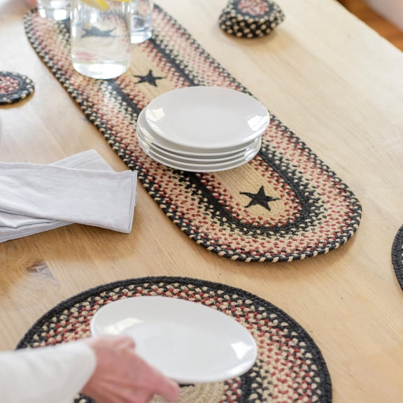 Homespice - Primitive Star Gloucester Long Table Runner, an Oval Braided Runner of Jute to Use as a Dinner Table Runner - Blend of Burgundy, Black, and Cream - Primitive Table Runner, 11x36 Inches
