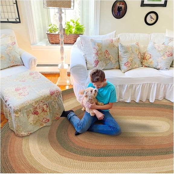 Homespice Russett Jute Braided Area Rug, 6' x 9' Oval Beige - Red - Black, Reversible, Natural Jute Yarn Rustic, Country, Primitive, Farmhouse Style