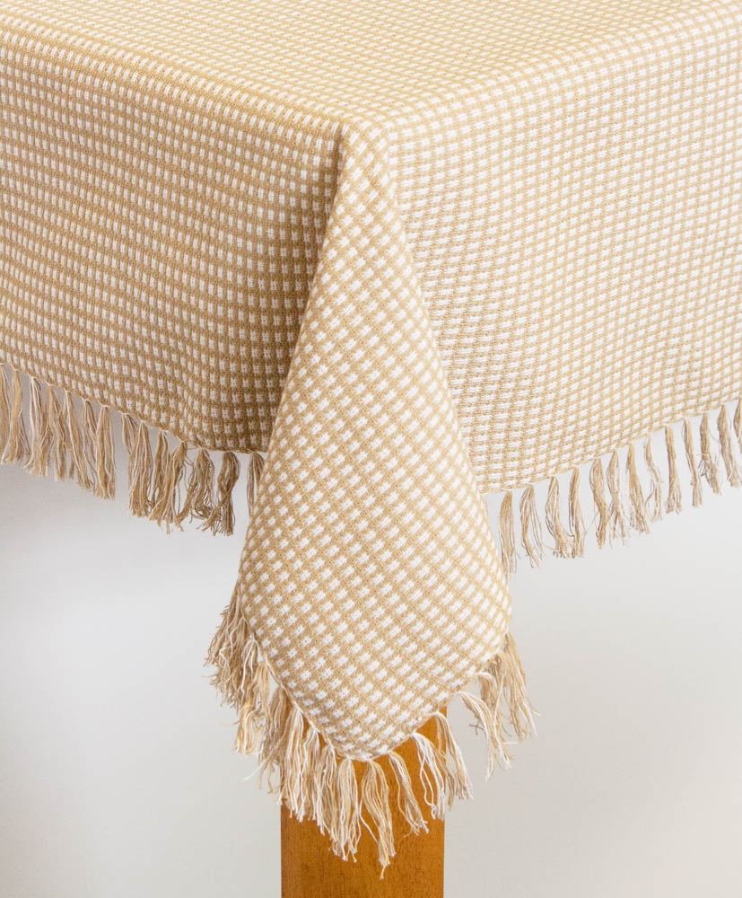 Homespun Check 100% Cotton Woven Fringed Tablecloth 60"X120", Ecru