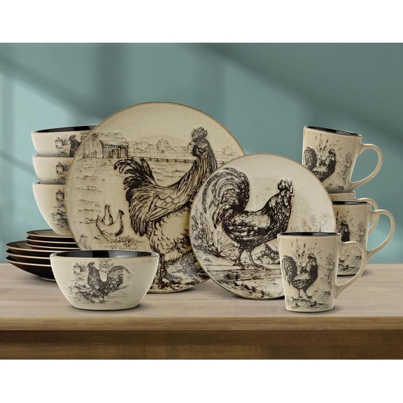Homespun Rooster 16-Piece Dinnerware Set, Service for 4 Brown