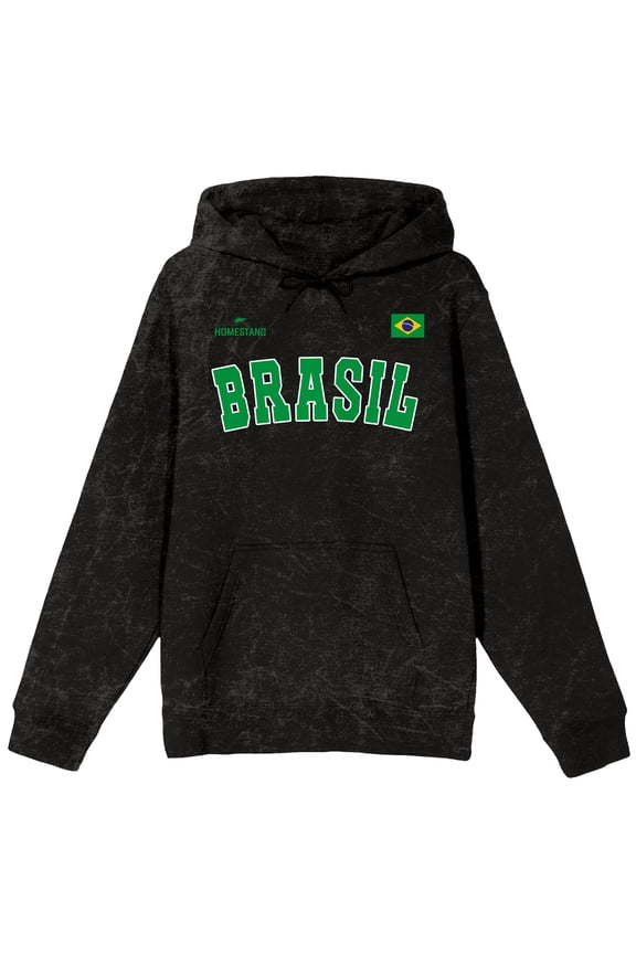 Brasil Text & Flag Adult Black Long Sleeve Hooded Sweatshirt-Large