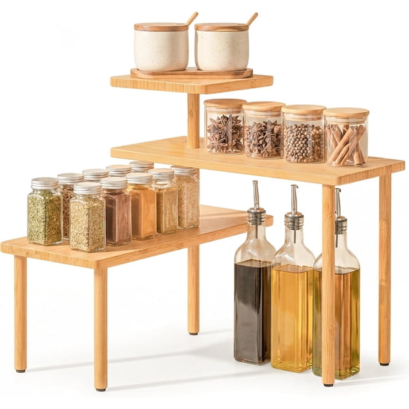 Homestead 3-Tier Bamboo Corner Shelf Organizer, 90 or 180 Layout Countertop Organizer for Kitchen, Bathroom, Coffee Bar, Spice Rack, Space Saving Storage Shelves, Adjustable Leveling Feet