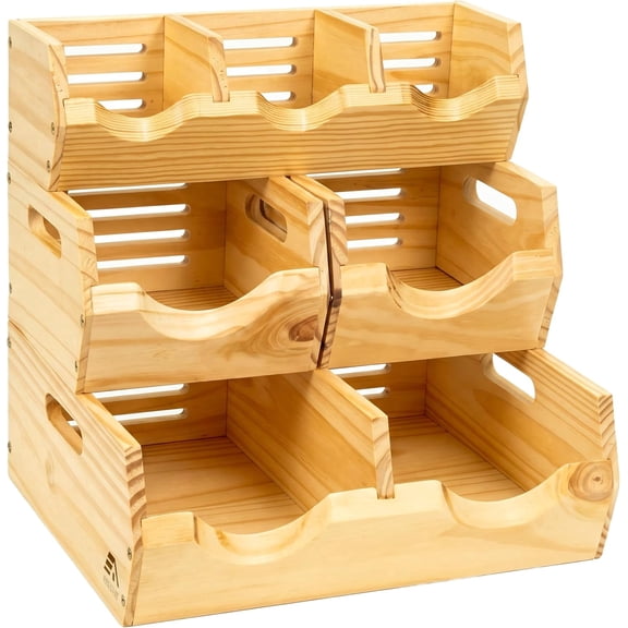Homestead Wood Pantry Storage Bins, Set of 3 Stackable Potato and Onion Organizer with Handles, Chestnut