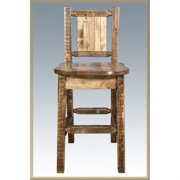 Homestead Back Barstool with Laser Engraved Bear Design, Stain & Lacquer Finish