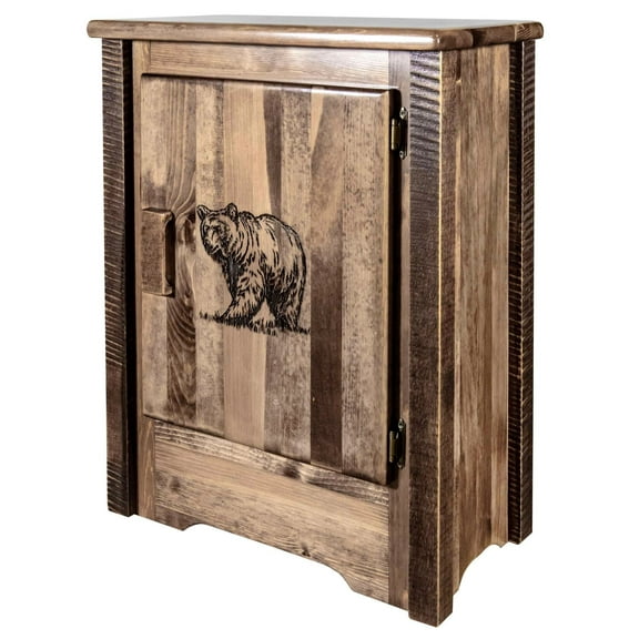 Homestead Collection Accent Cabinet w/ Laser Engraved Bear Design, Right Hinged, Stain & Clear Lacquer Finish