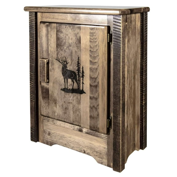 Homestead Collection Accent Cabinet w/ Laser Engraved Elk Design, Right Hinged, Stain & Clear Lacquer Finish
