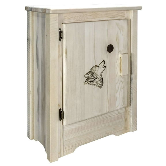 Homestead Collection Accent Cabinet w/ Laser Engraved Wolf Design, Left Hinged, Clear Lacquer Finish
