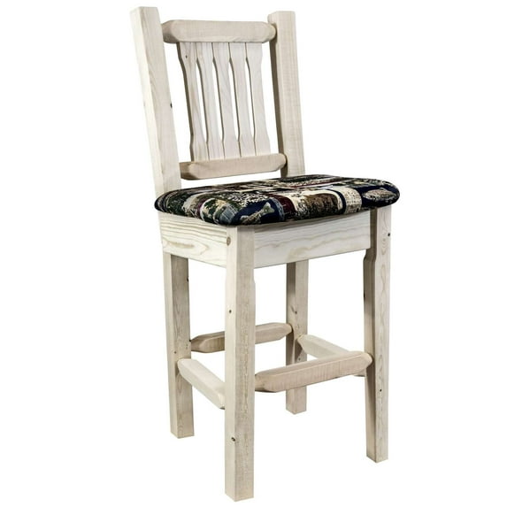 Homestead Collection Barstool w/ Back, Clear Lacquer Finish w/ Upholstered Seat, Woodland Pattern