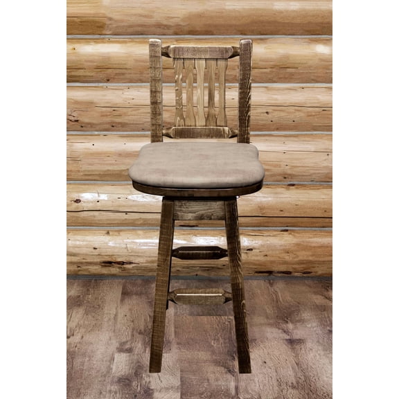 Homestead Collection Barstool w/ Back & Swivel, Stain & Clear Lacquer Finish w/ Upholstered Seat, Buckskin Pattern