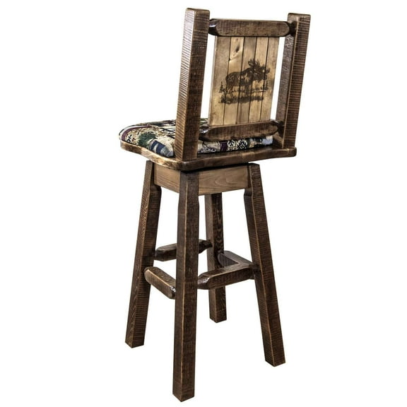 Homestead Collection Barstool w/ Back & Swivel, Woodland Pattern Upholstery w/ Laser Engraved Moose Design